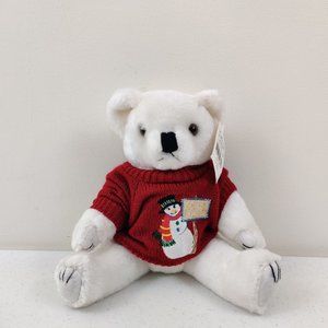 Vintage Pacific Craft White Jointed Plush Teddy Bear Red Snowman Sweater